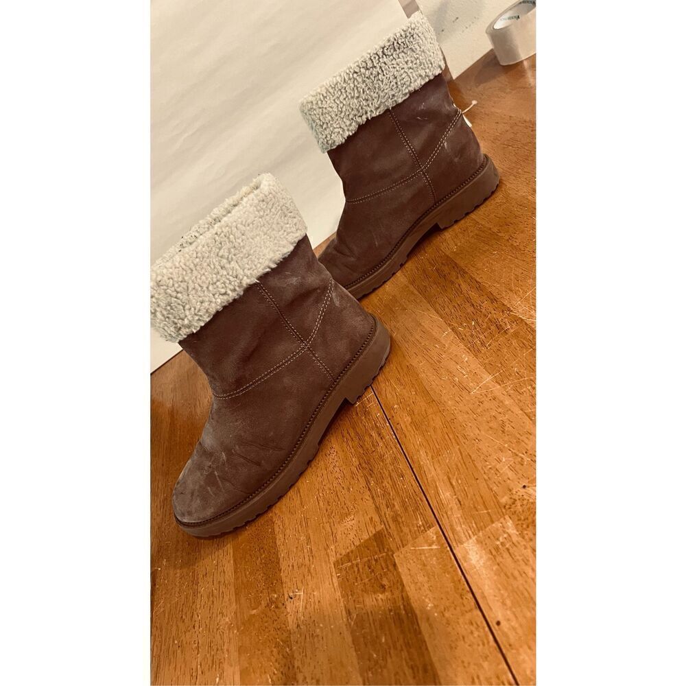 OLD NAVY BROWN SUEDE ANKLE BOOTS FAUX SHEARLING LINING GIRLS SZ 3 - Picture 6 of 10
